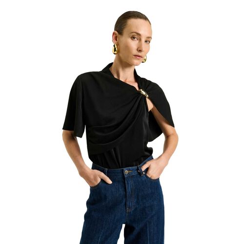 Veronika Maine Satin Georgette Draped Top With Gold Clasp